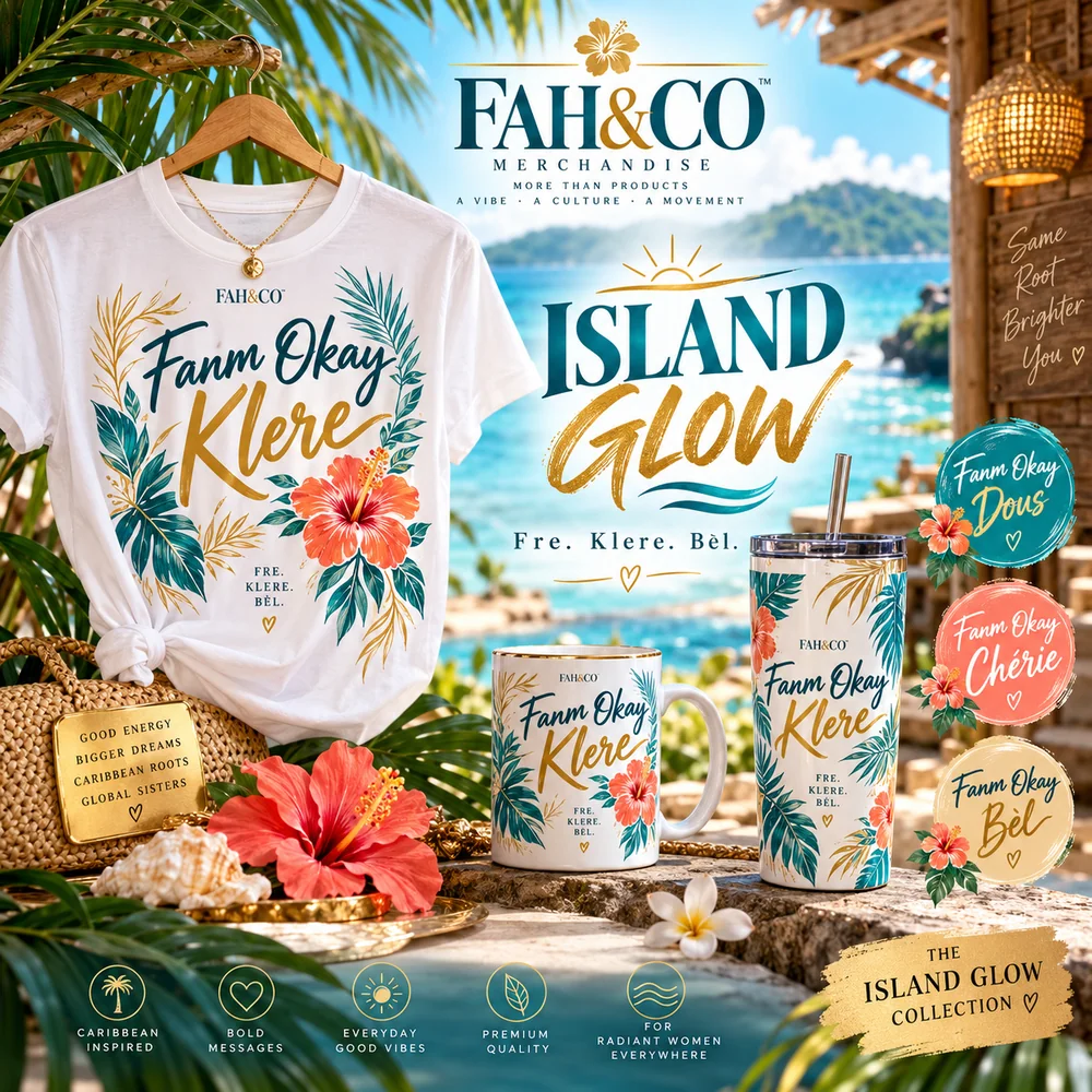 Klere · Island Glow : simulation numérique de T-shirt, mug et tumbler assortis